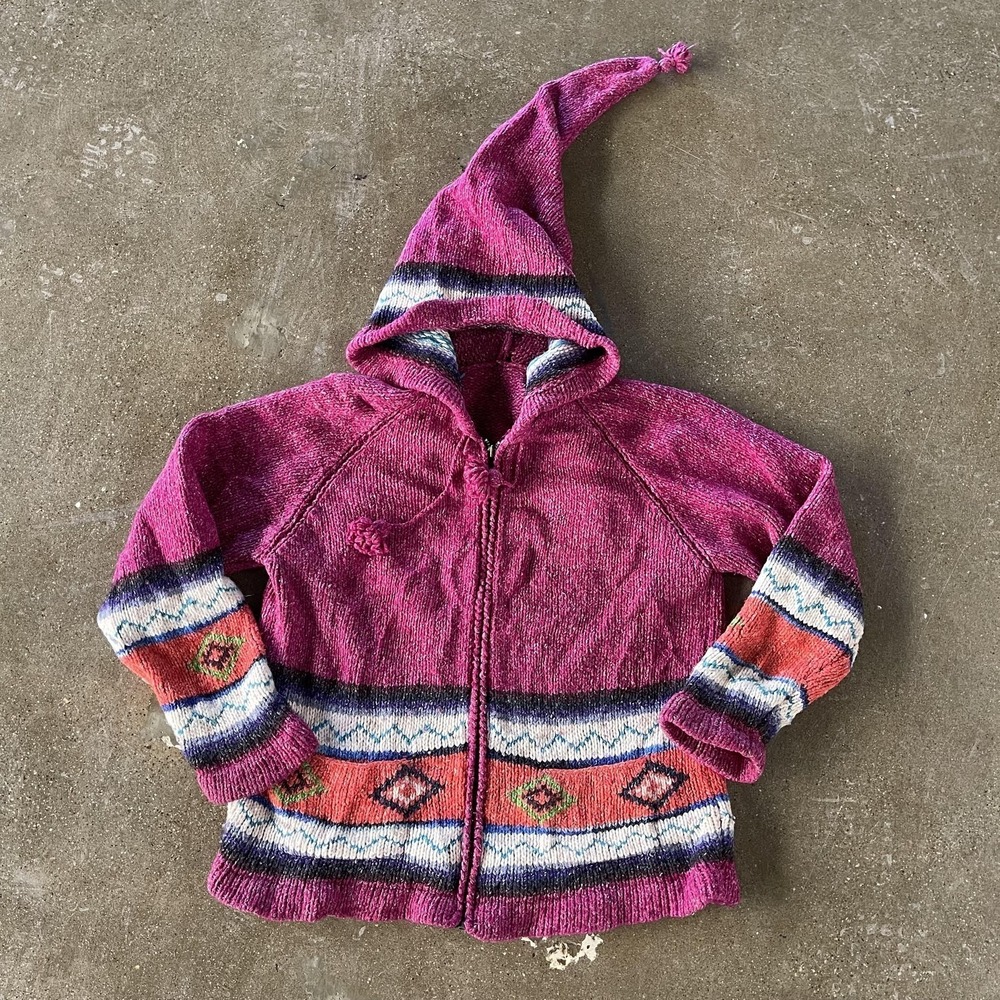 Vintage Handmade Womens Medium Pink Full Zip Pixie Knit Geometric Pattern Hoodie